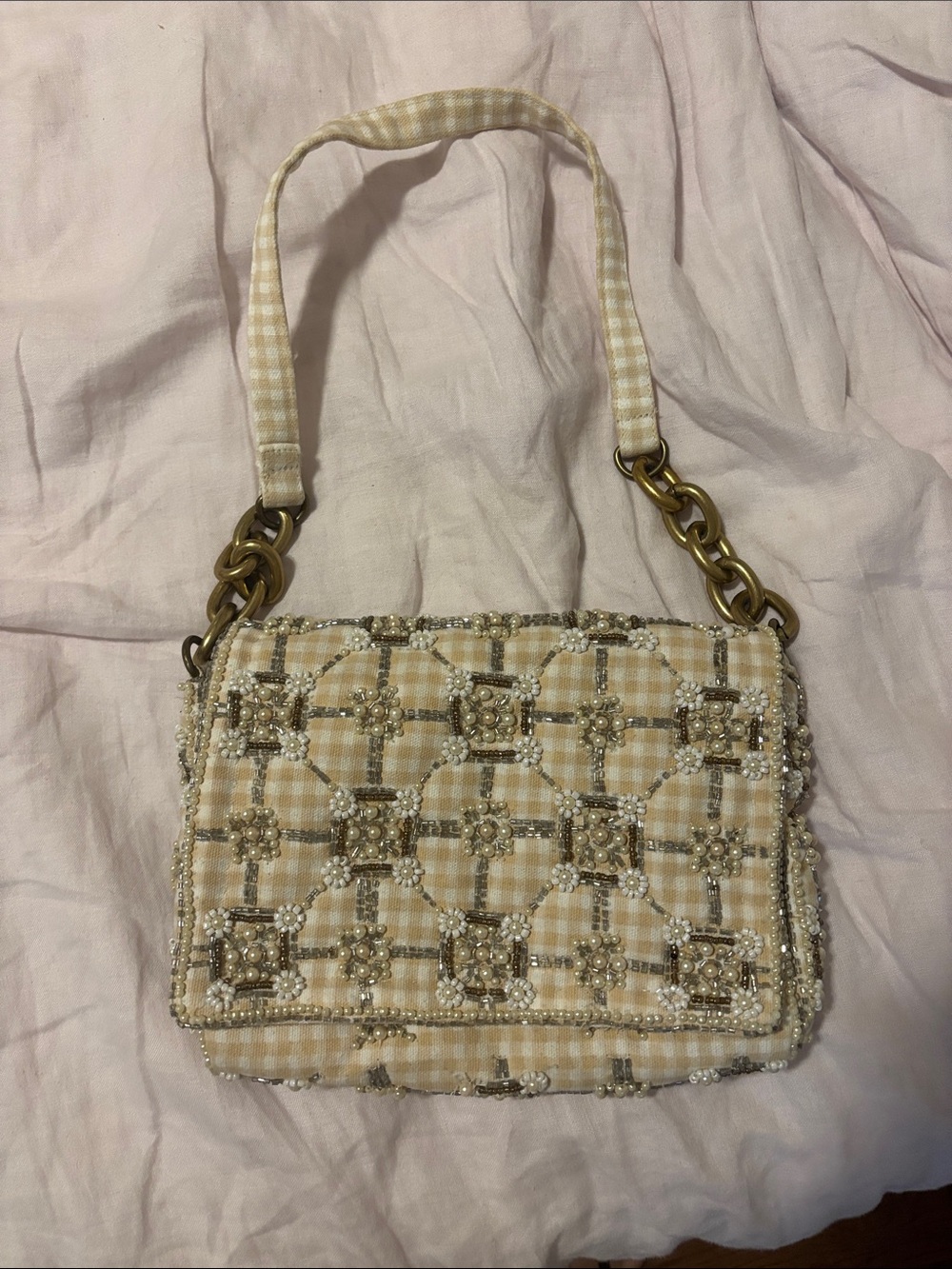 Zara Beaded Gingham Shoulder Bag in Beige and Cream